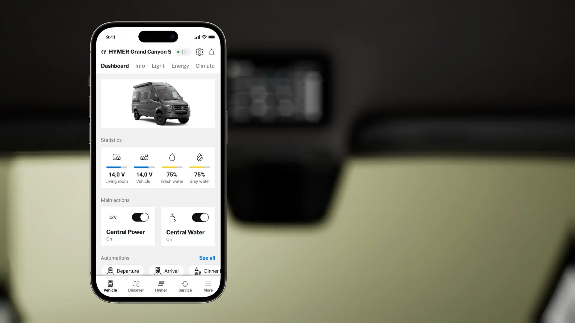 De HYMER Connect-app toont voertuiginformatie en biedt instelmogelijkheden op de smartphone.
